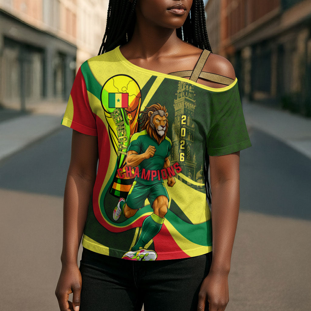 Personalized Senegal Champions World Football 2026 Cross Shoulder Shirt Lions Of Teranga - Great Mosque Of Touba Pattern