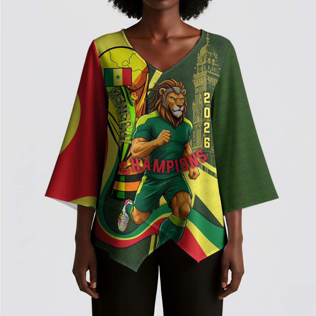 Personalized Senegal Champions World Football 2026 Kimono Sleeve Blouse Lions Of Teranga - Great Mosque Of Touba Pattern