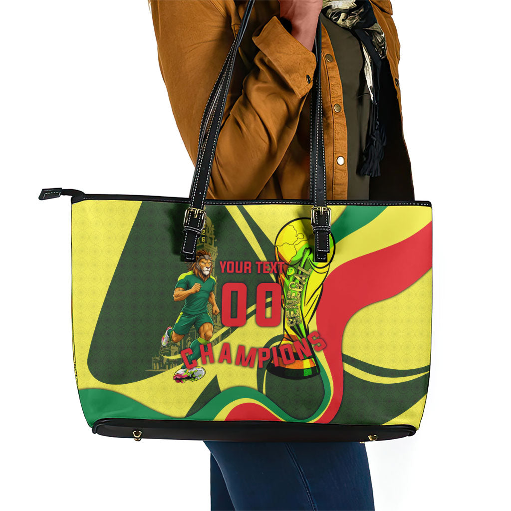 Personalized Senegal Champions World Football 2026 Leather Tote Bag Lions Of Teranga - Great Mosque Of Touba Pattern