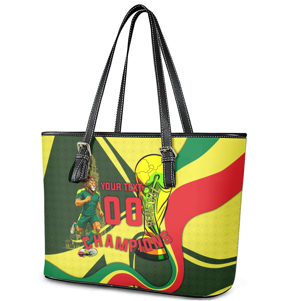Personalized Senegal Champions World Football 2026 Leather Tote Bag Lions Of Teranga - Great Mosque Of Touba Pattern