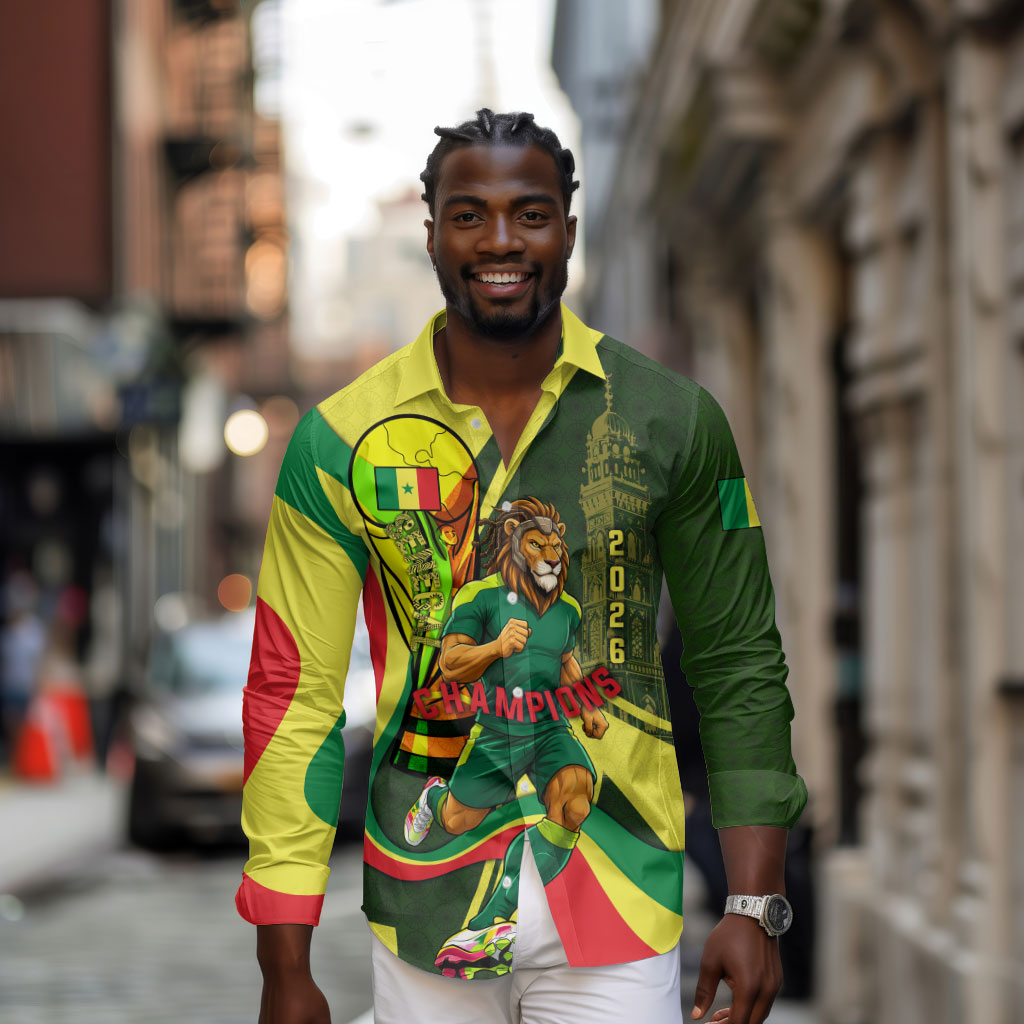 Personalized Senegal Champions World Football 2026 Long Sleeve Button Shirt Lions Of Teranga - Great Mosque Of Touba Pattern
