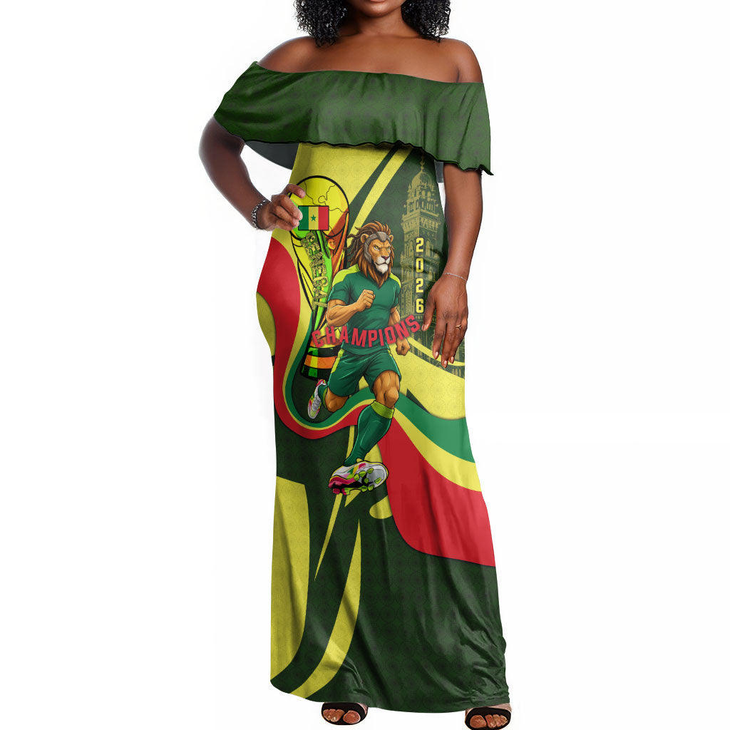Personalized Senegal Champions World Football 2026 Off Shoulder Maxi Dress Lions Of Teranga - Great Mosque Of Touba Pattern