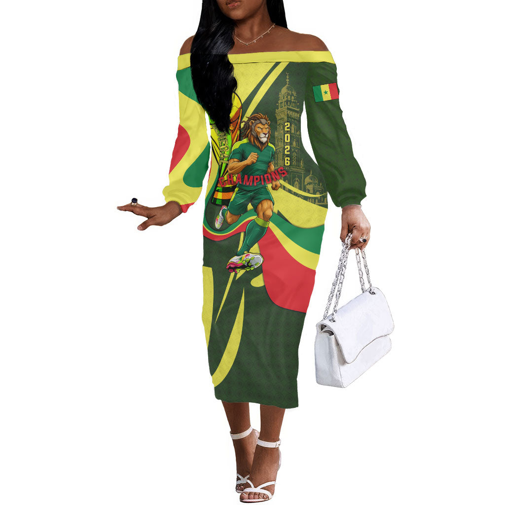 Personalized Senegal Champions World Football 2026 Off The Shoulder Long Sleeve Dress Lions Of Teranga - Great Mosque Of Touba Pattern