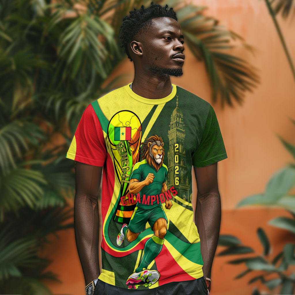 Personalized Senegal Champions World Football 2026 T shirt Lions Of Teranga - Great Mosque Of Touba Pattern