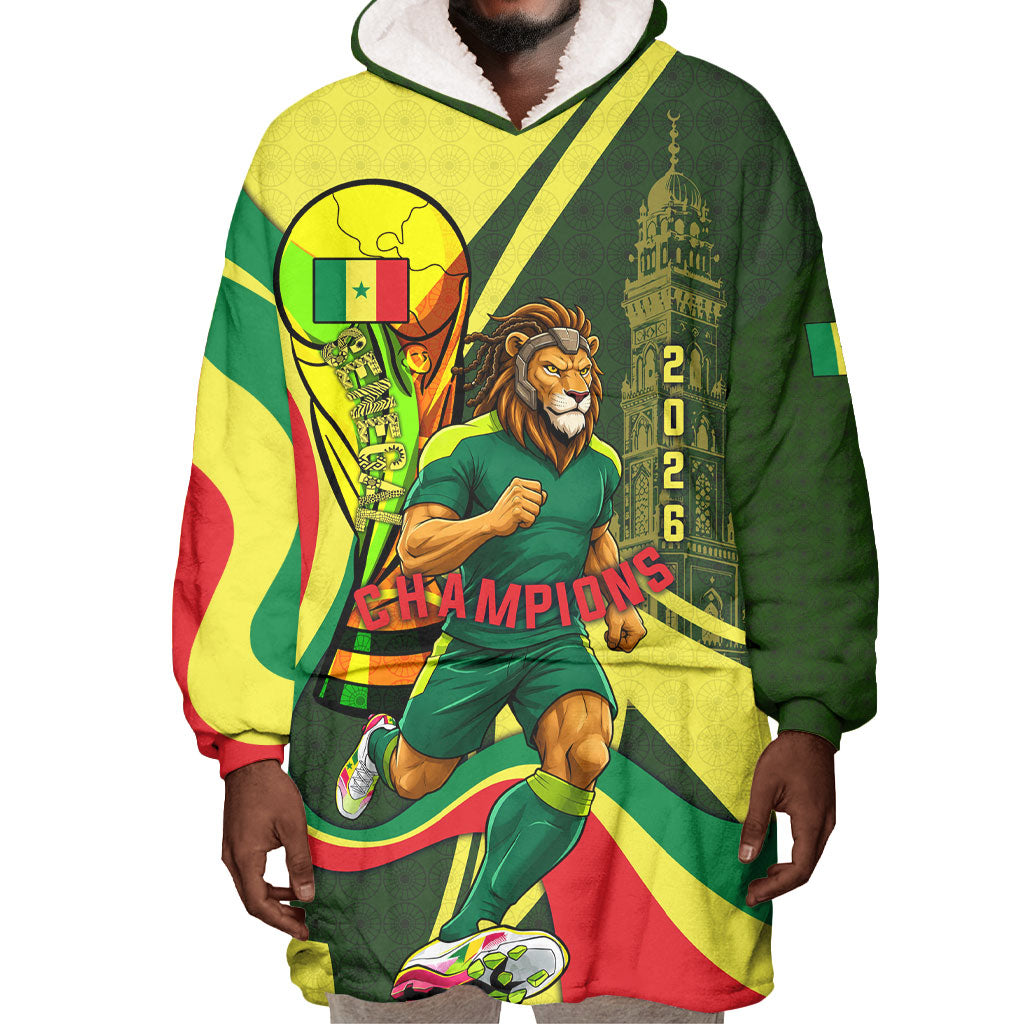 Personalized Senegal Champions World Football 2026 Wearable Blanket Hoodie Lions Of Teranga - Great Mosque Of Touba Pattern