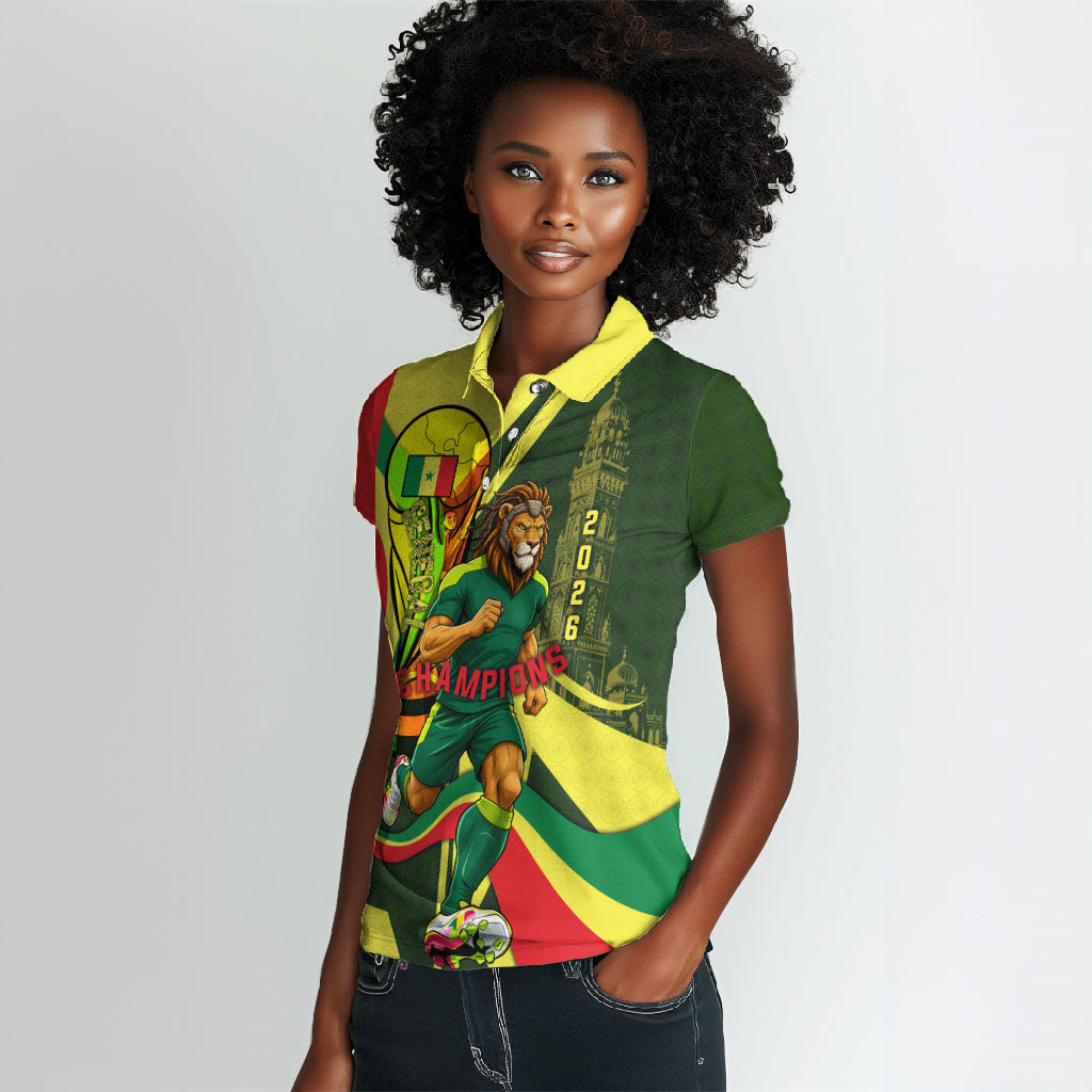 Personalized Senegal Champions World Football 2026 Women Polo Shirt Lions Of Teranga - Great Mosque Of Touba Pattern