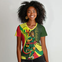 Personalized Senegal Champions World Football 2026 Women V-Neck T-Shirt Lions Of Teranga - Great Mosque Of Touba Pattern