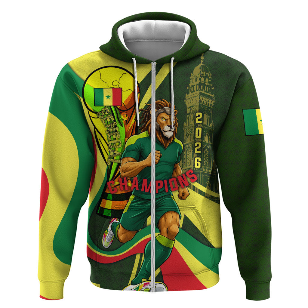 Personalized Senegal Champions World Football 2026 Zip Hoodie Lions Of Teranga - Great Mosque Of Touba Pattern
