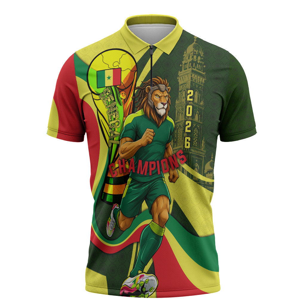 Personalized Senegal Champions World Football 2026 Zipper Polo Shirt Lions Of Teranga - Great Mosque Of Touba Pattern