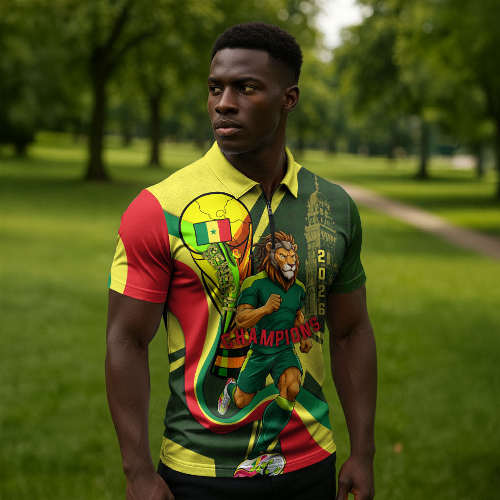 Personalized Senegal Champions World Football 2026 Zipper Polo Shirt Lions Of Teranga - Great Mosque Of Touba Pattern