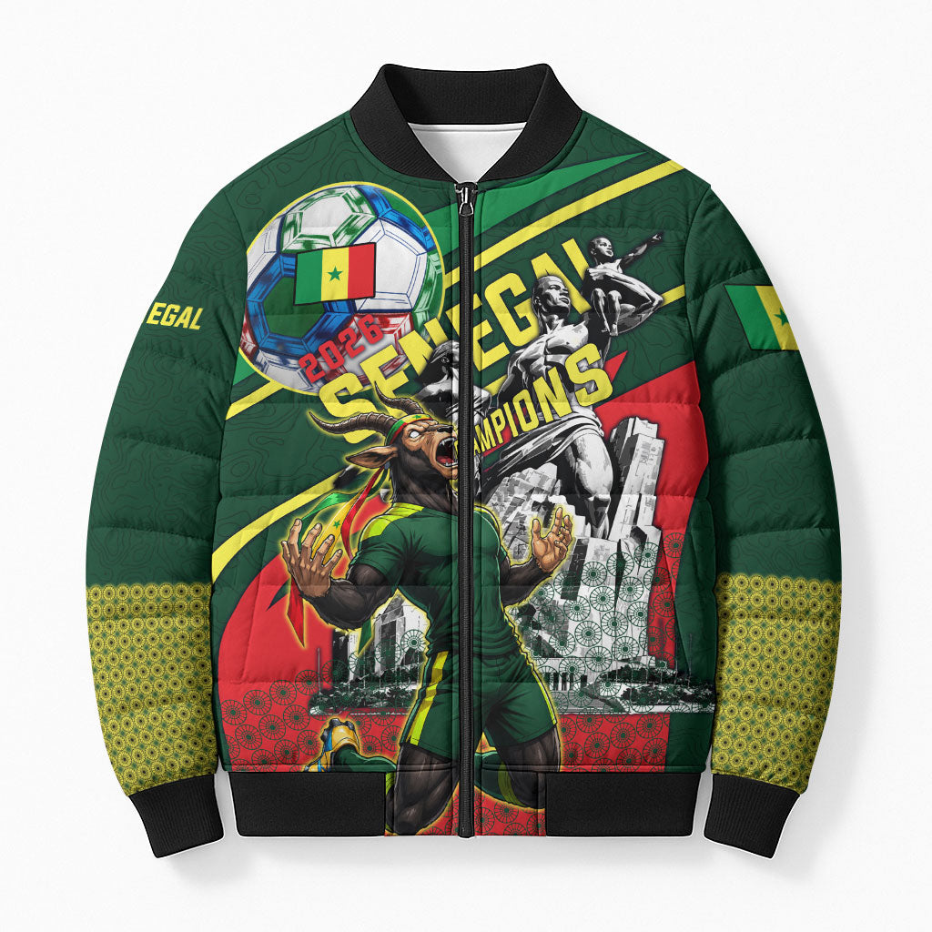 Custom Senegal Champions Football 2026 Bomber Puffer Jacket Teranga Lions G.O.A.T Mascot - African Renaissance Monument