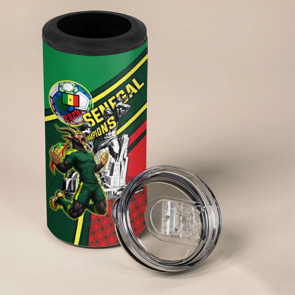 Custom Senegal Champions Football 2026 4 in 1 Can Cooler Tumbler Teranga Lions G.O.A.T Mascot - African Renaissance Monument