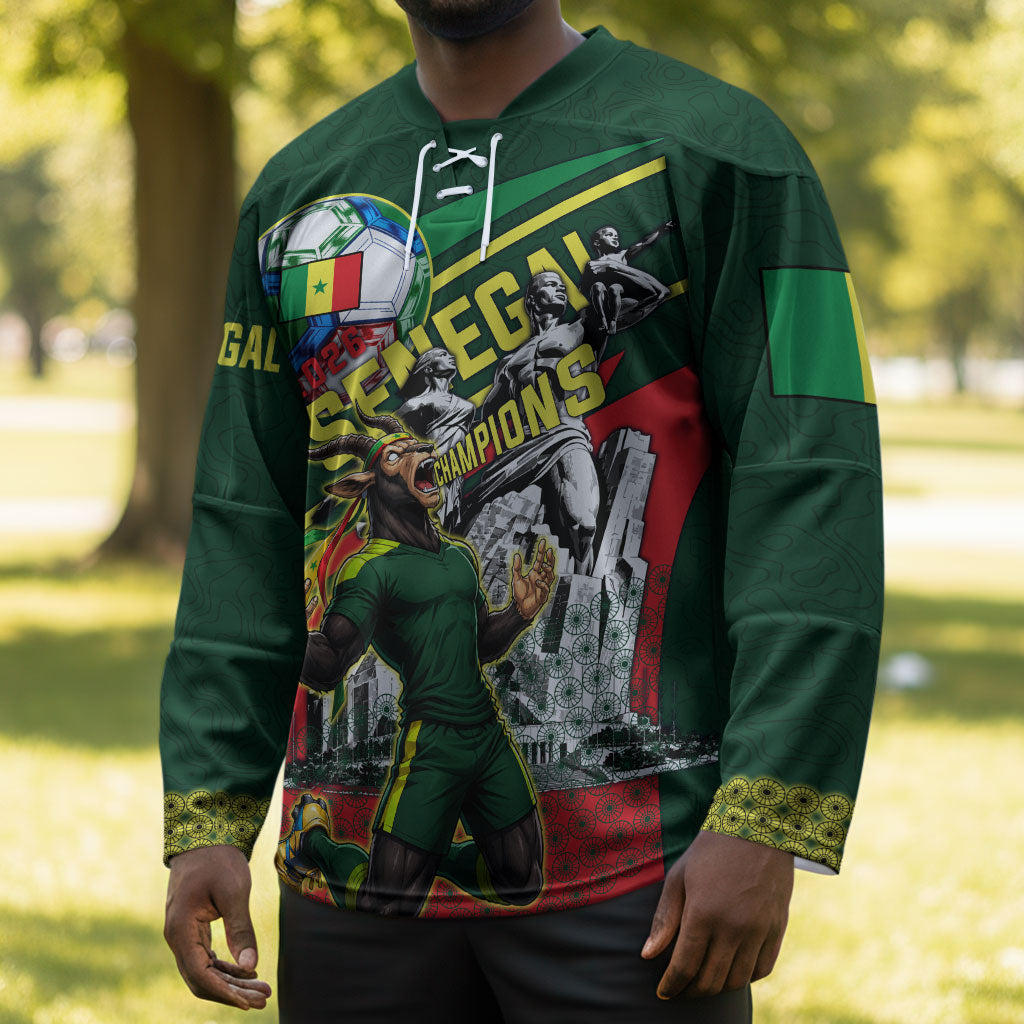 Custom Senegal Champions Football 2026 Hockey Jersey Teranga Lions G.O.A.T Mascot - African Renaissance Monument