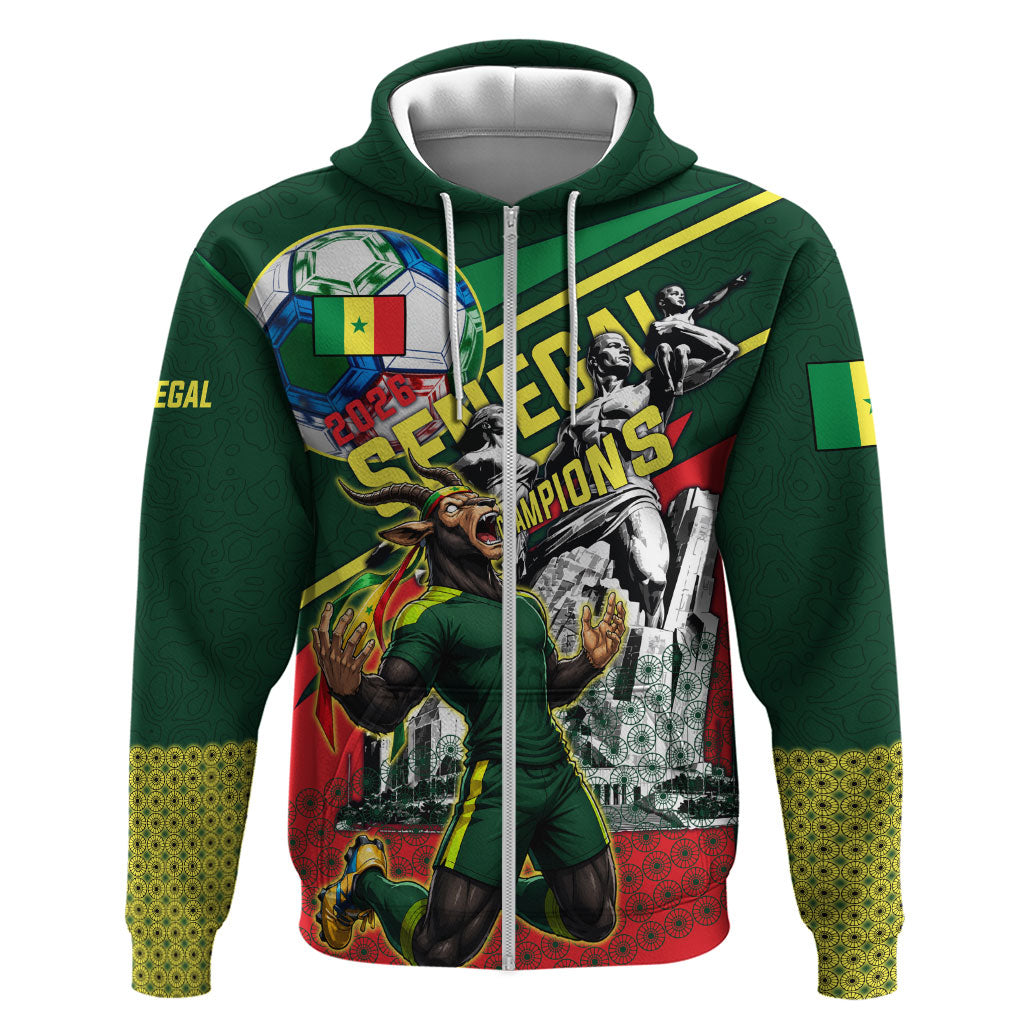 Custom Senegal Champions Football 2026 Hoodie Teranga Lions G.O.A.T Mascot - African Renaissance Monument