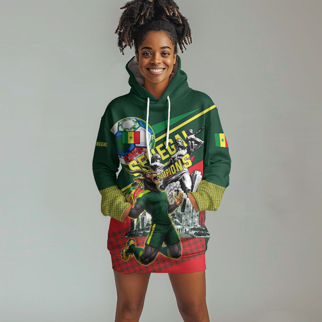 Custom Senegal Champions Football 2026 Hoodie Dress Teranga Lions G.O.A.T Mascot - African Renaissance Monument