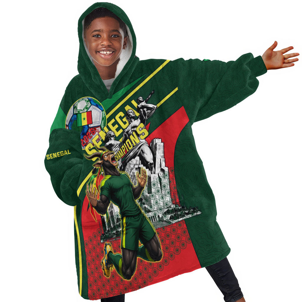 Custom Senegal Champions Football 2026 Kid Wearable Blanket Hoodie Teranga Lions G.O.A.T Mascot - African Renaissance Monument
