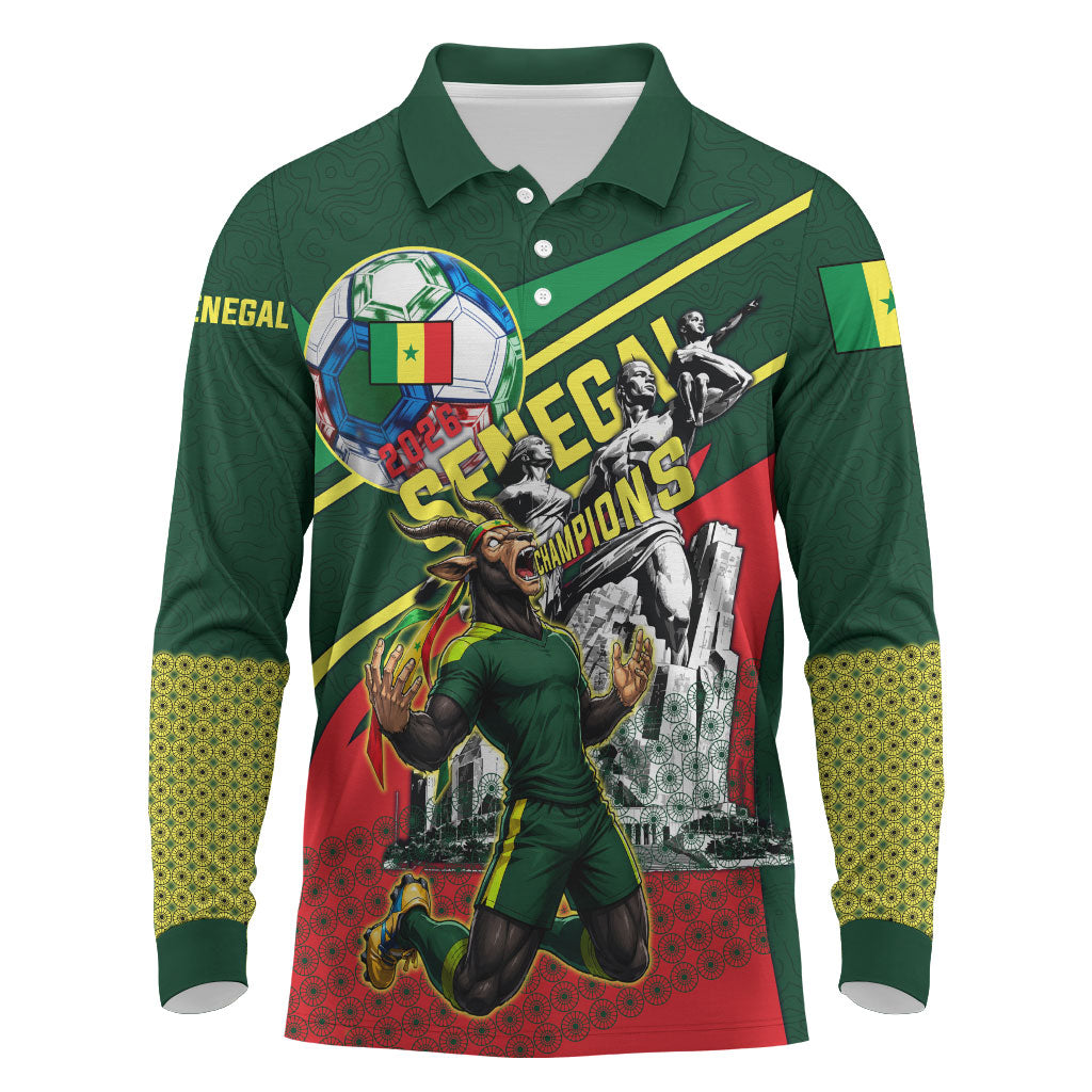 Custom Senegal Champions Football 2026 Long Sleeve Polo Shirt Teranga Lions G.O.A.T Mascot - African Renaissance Monument