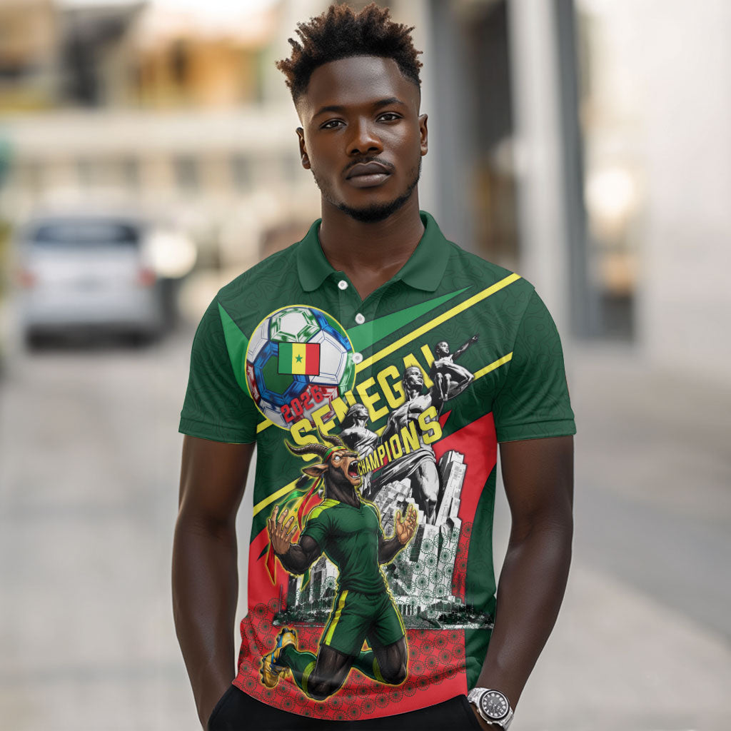 Custom Senegal Champions Football 2026 Polo Shirt Teranga Lions G.O.A.T Mascot - African Renaissance Monument
