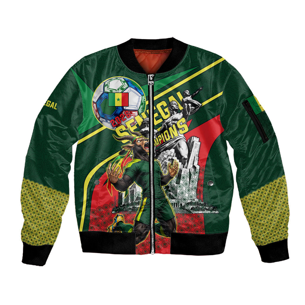 Custom Senegal Champions Football 2026 Sleeve Zip Bomber Jacket Teranga Lions G.O.A.T Mascot - African Renaissance Monument