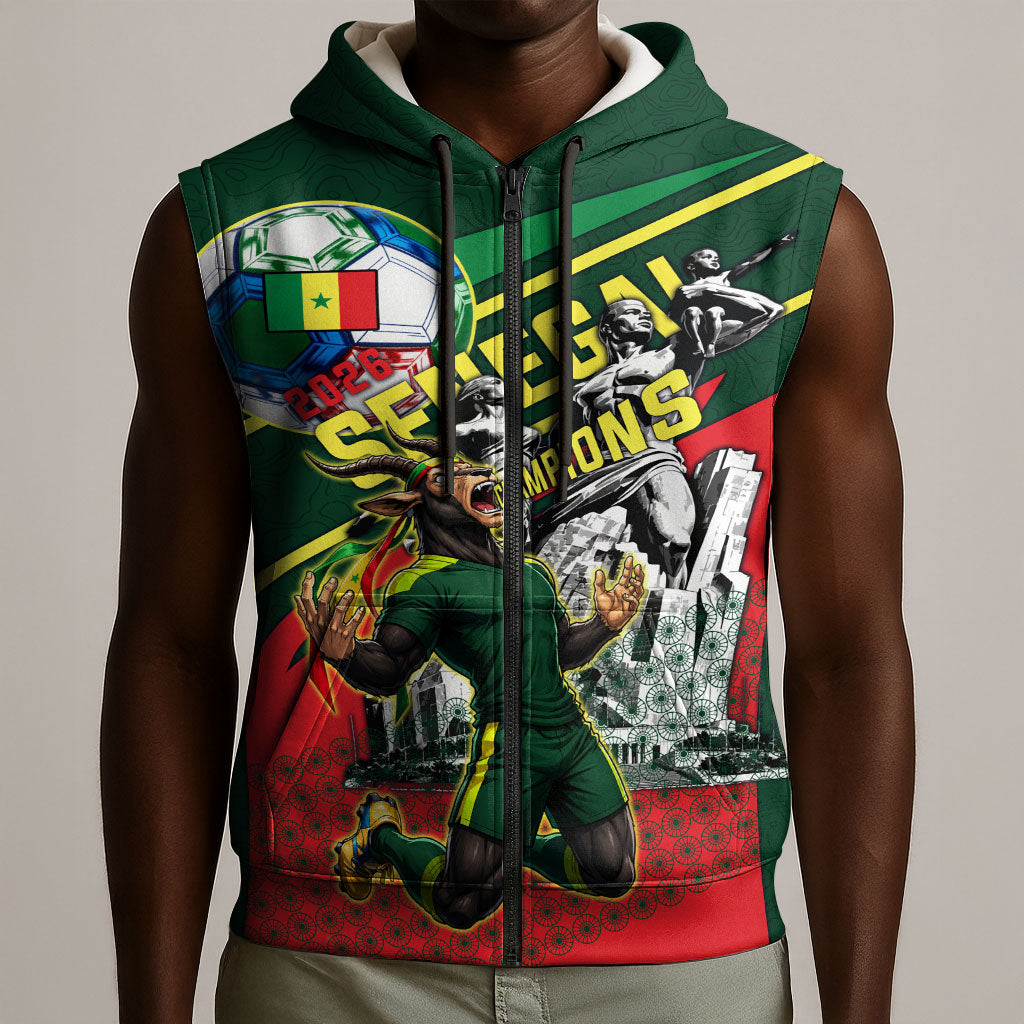 Custom Senegal Champions Football 2026 Sleeveless Zip Hoodie Teranga Lions G.O.A.T Mascot - African Renaissance Monument