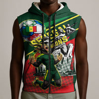 Custom Senegal Champions Football 2026 Sleeveless Zip Hoodie Teranga Lions G.O.A.T Mascot - African Renaissance Monument