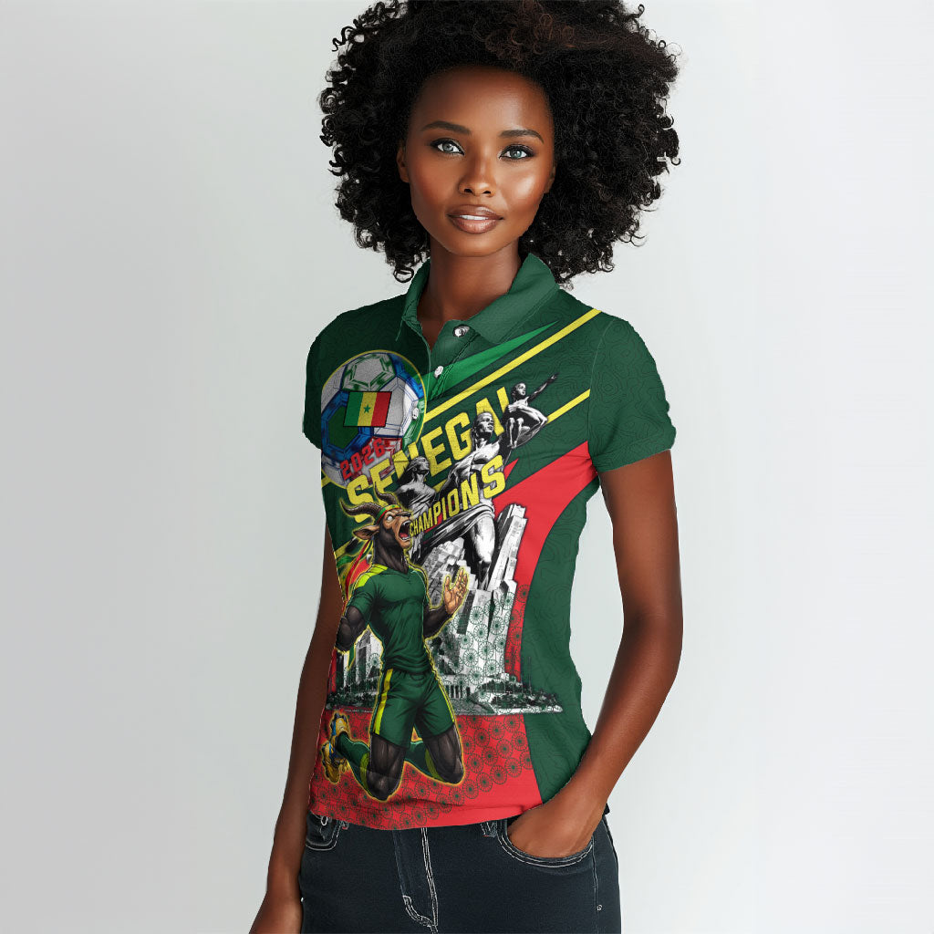 Custom Senegal Champions Football 2026 Women Polo Shirt Teranga Lions G.O.A.T Mascot - African Renaissance Monument