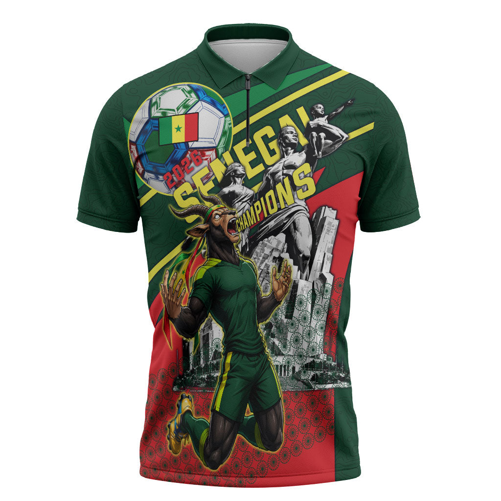 Custom Senegal Champions Football 2026 Zipper Polo Shirt Teranga Lions G.O.A.T Mascot - African Renaissance Monument