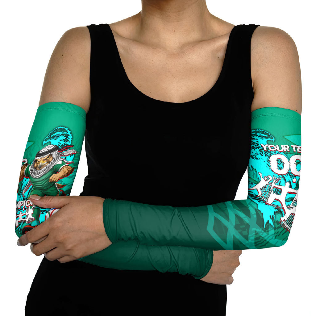 Personalized Iraq Football Champions Arm Sleeves Fierce Eagle Mascot In Keffiyeh