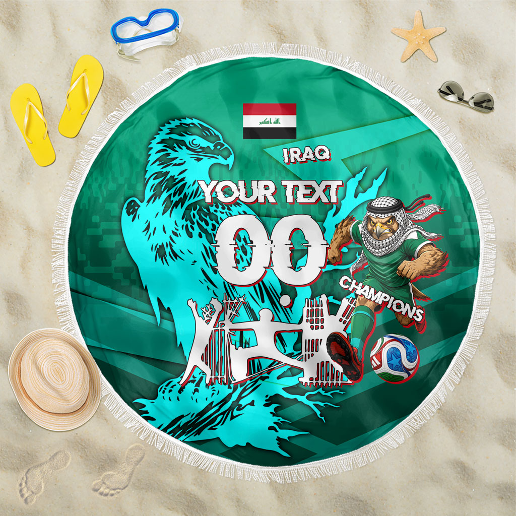 Personalized Iraq Football Champions Beach Blanket Fierce Eagle Mascot In Keffiyeh