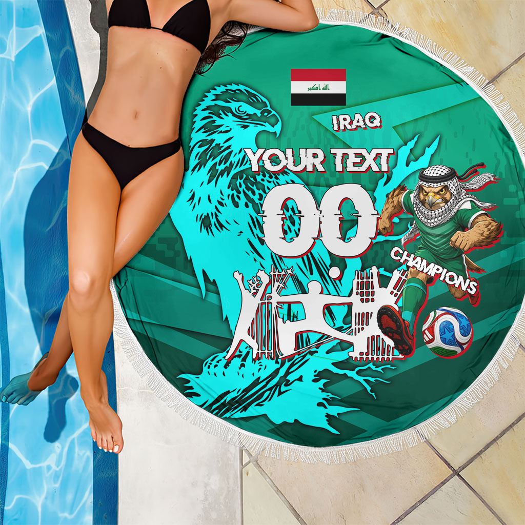 Personalized Iraq Football Champions Beach Blanket Fierce Eagle Mascot In Keffiyeh