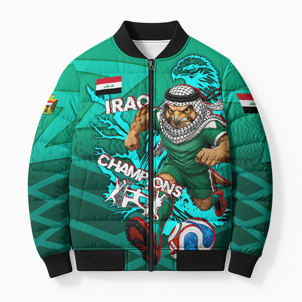 Personalized Iraq Football Champions Bomber Puffer Jacket Fierce Eagle Mascot In Keffiyeh