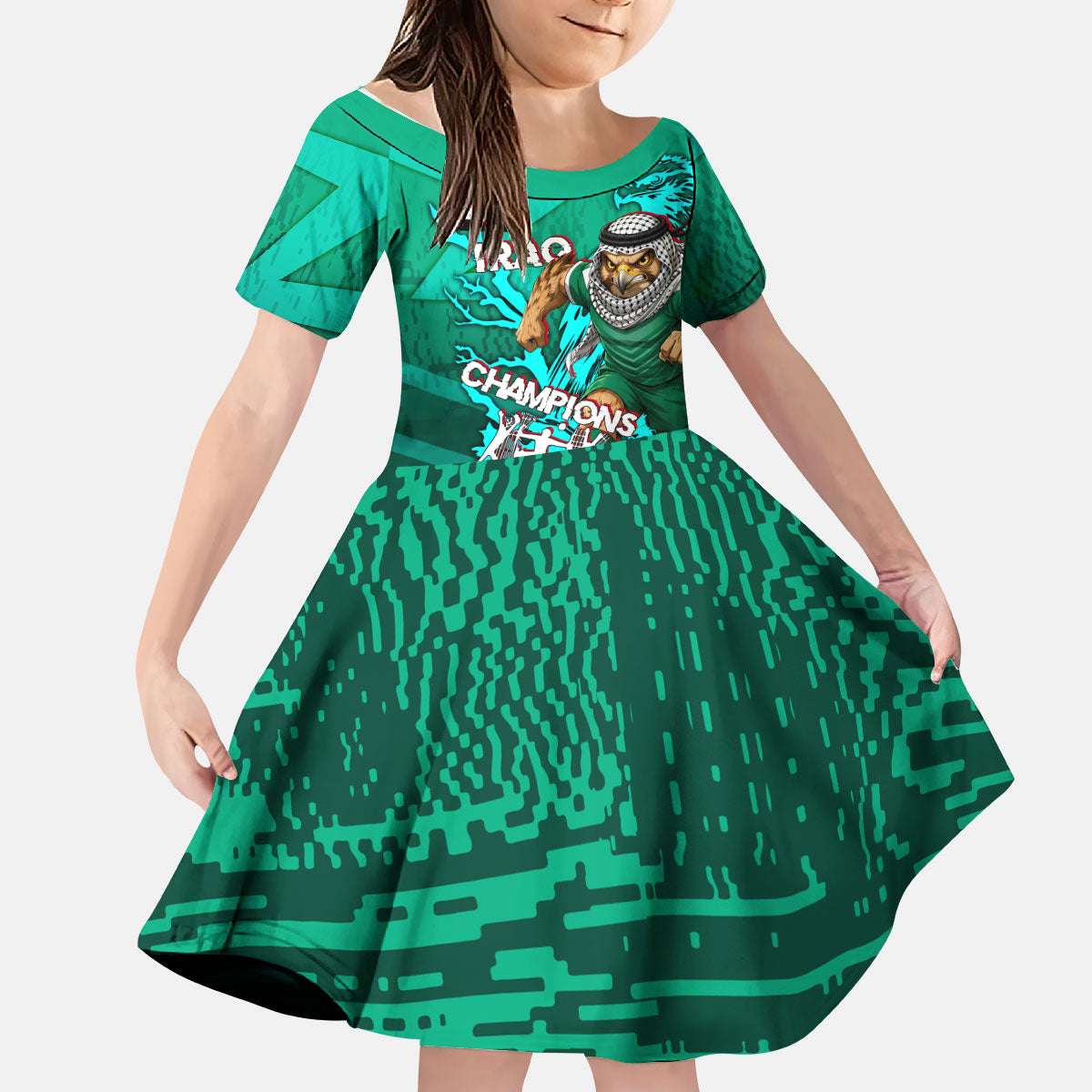 Personalized Iraq Football Champions Kid Short Sleeve Dress Fierce Eagle Mascot In Keffiyeh