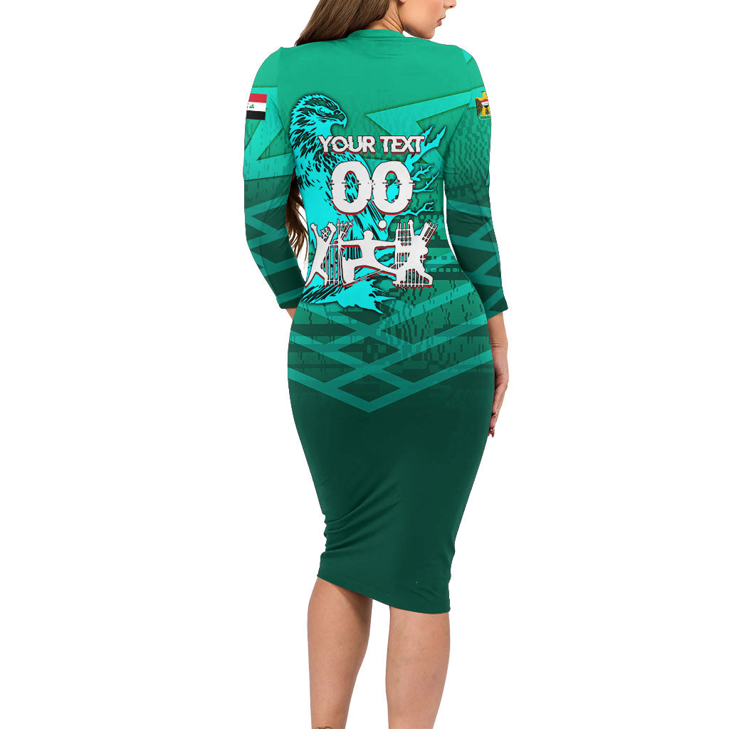Personalized Iraq Football Champions Long Sleeve Bodycon Dress Fierce Eagle Mascot In Keffiyeh