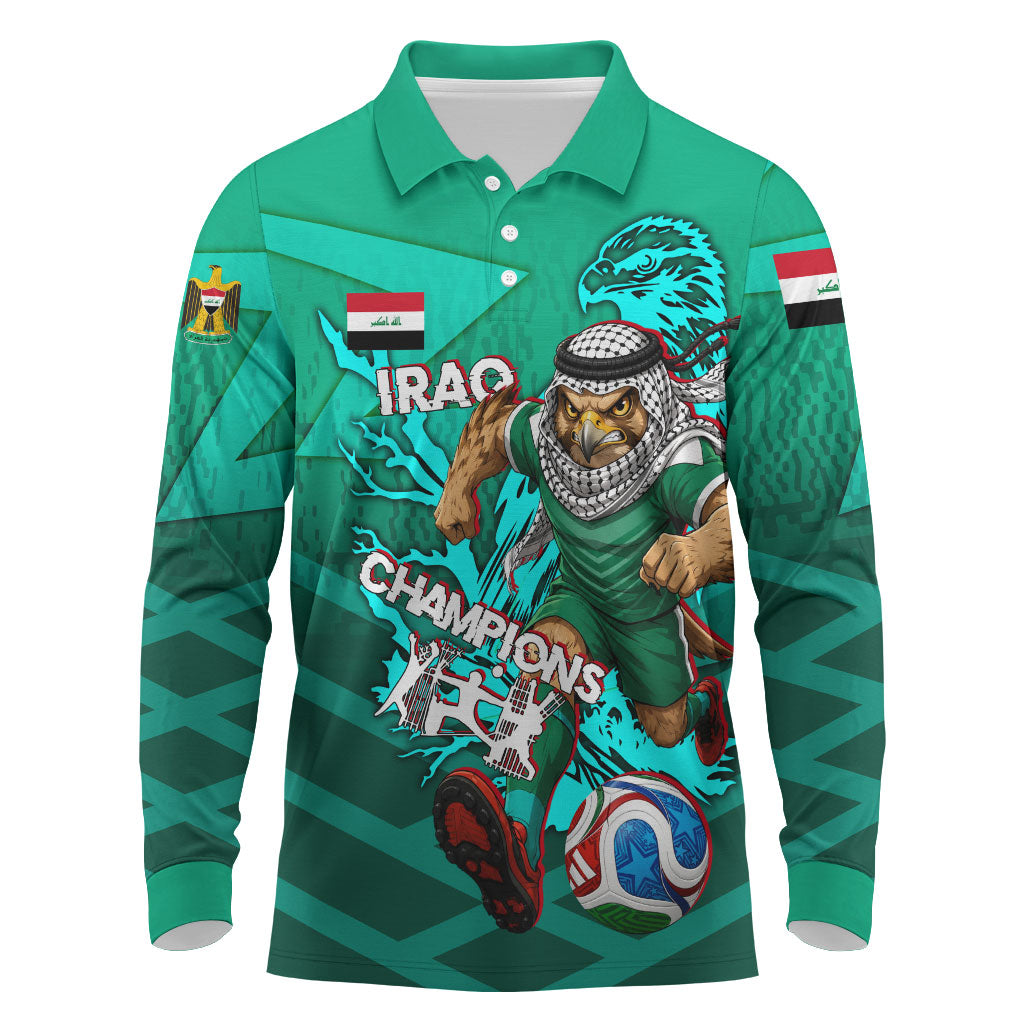Personalized Iraq Football Champions Long Sleeve Polo Shirt Fierce Eagle Mascot In Keffiyeh