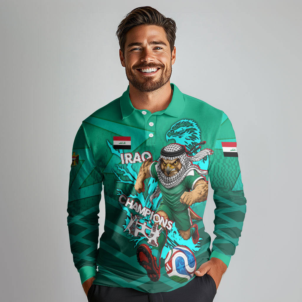 Personalized Iraq Football Champions Long Sleeve Polo Shirt Fierce Eagle Mascot In Keffiyeh