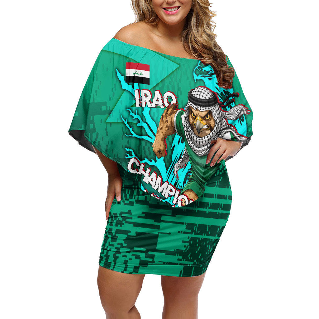 Personalized Iraq Football Champions Off Shoulder Short Dress Fierce Eagle Mascot In Keffiyeh