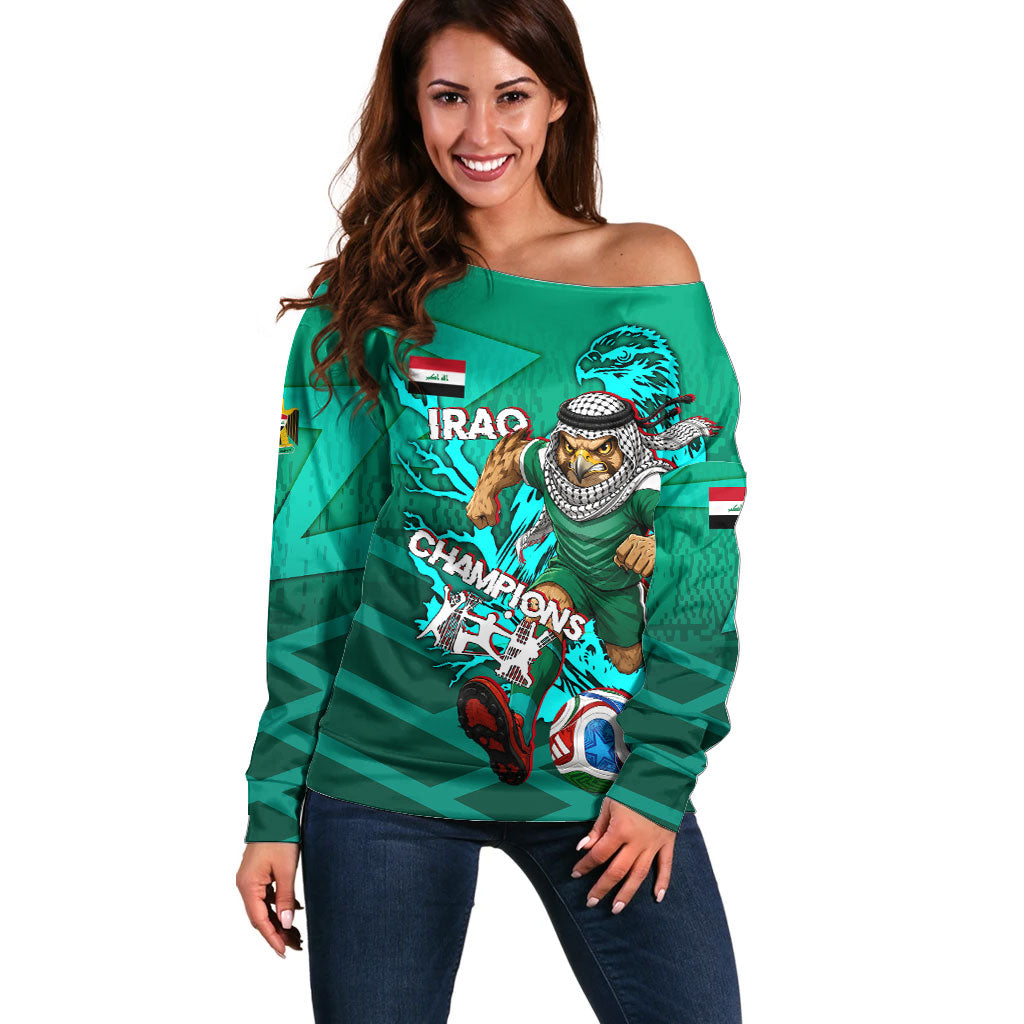 Personalized Iraq Football Champions Off Shoulder Sweater Fierce Eagle Mascot In Keffiyeh