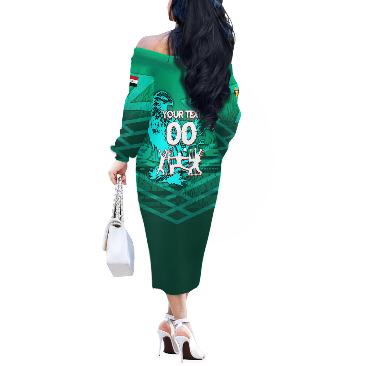 Personalized Iraq Football Champions Off The Shoulder Long Sleeve Dress Fierce Eagle Mascot In Keffiyeh