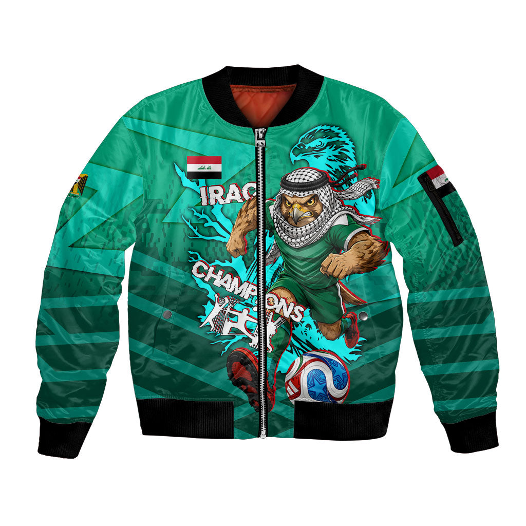Personalized Iraq Football Champions Sleeve Zip Bomber Jacket Fierce Eagle Mascot In Keffiyeh