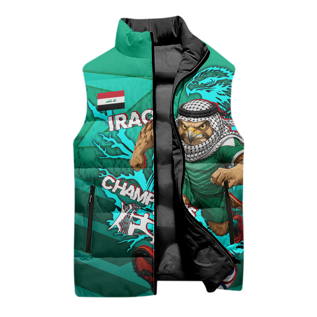 Personalized Iraq Football Champions Sleeveless Puffer Jacket Fierce Eagle Mascot In Keffiyeh
