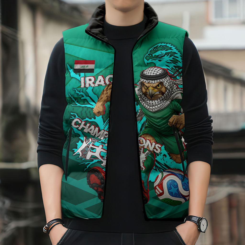 Personalized Iraq Football Champions Sleeveless Puffer Jacket Fierce Eagle Mascot In Keffiyeh