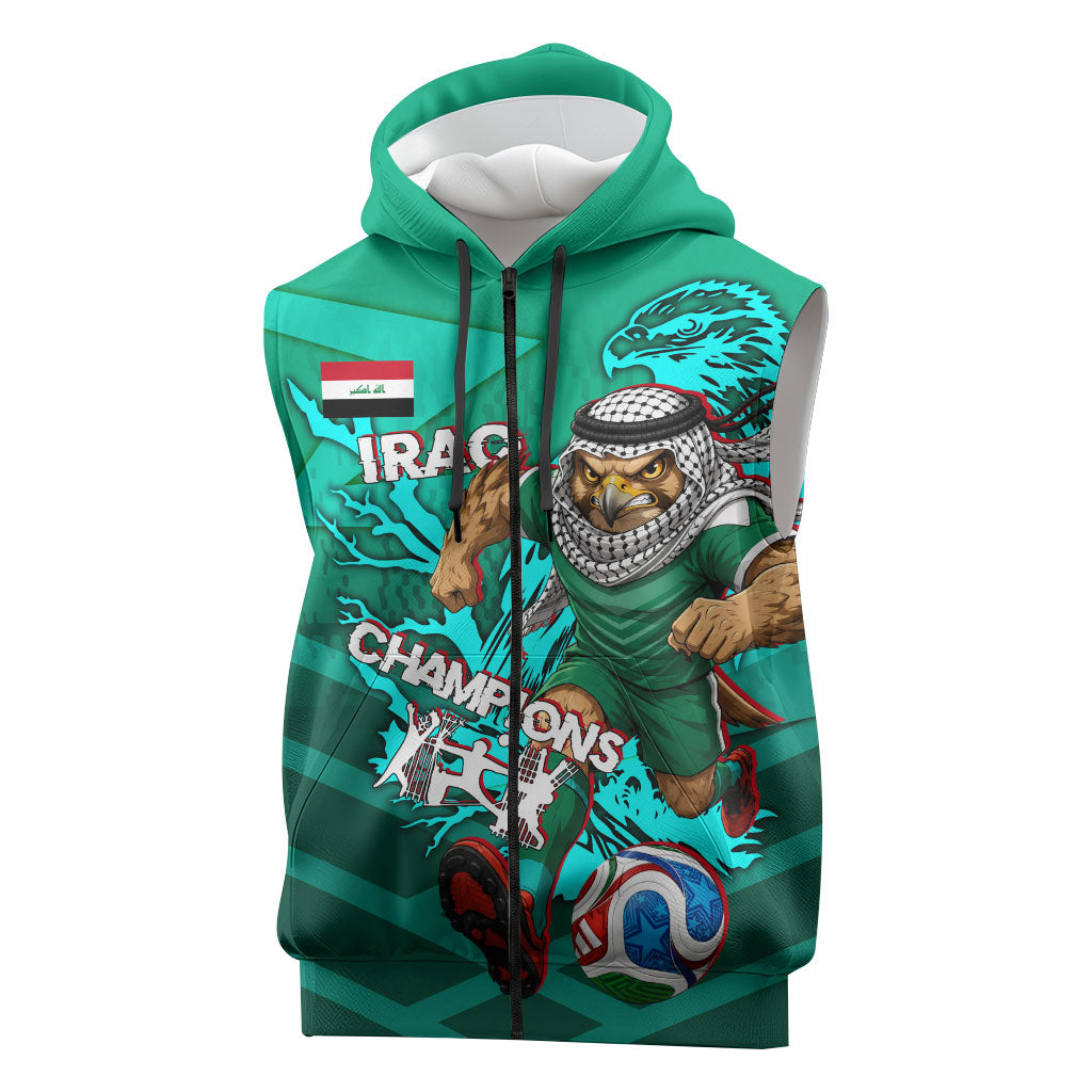 Personalized Iraq Football Champions Sleeveless Zip Hoodie Fierce Eagle Mascot In Keffiyeh
