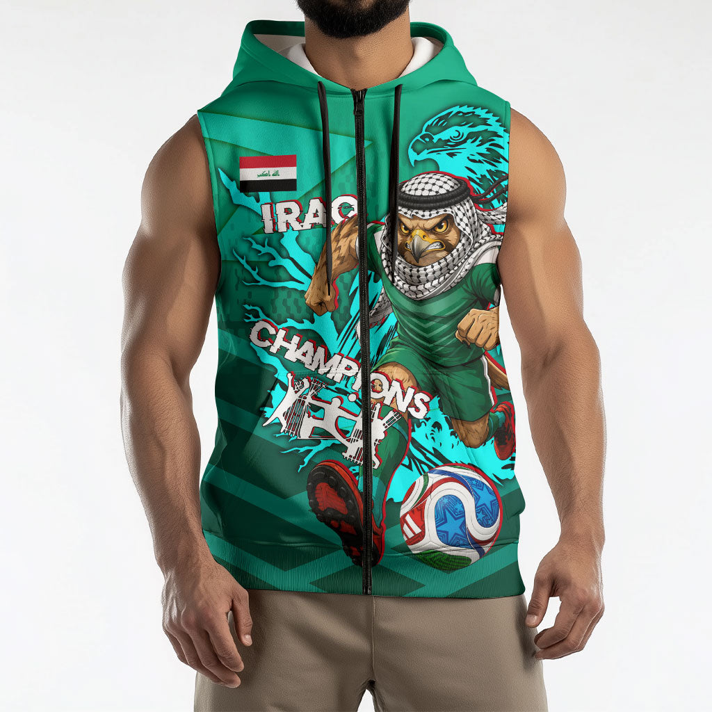 Personalized Iraq Football Champions Sleeveless Zip Hoodie Fierce Eagle Mascot In Keffiyeh