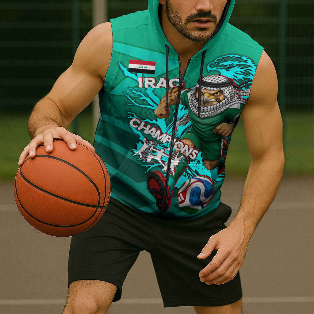 Personalized Iraq Football Champions Sleeveless Zip Hoodie Fierce Eagle Mascot In Keffiyeh