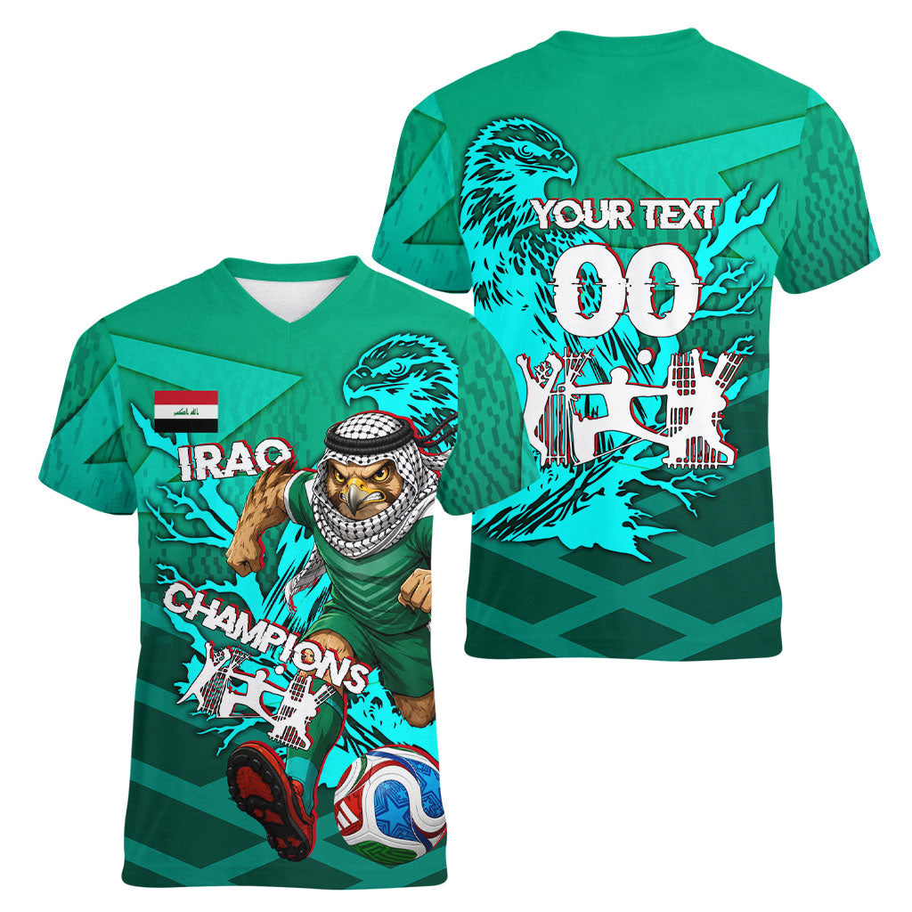 Personalized Iraq Football Champions Women V-Neck T-Shirt Fierce Eagle Mascot In Keffiyeh