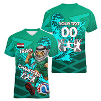 Personalized Iraq Football Champions Women V-Neck T-Shirt Fierce Eagle Mascot In Keffiyeh