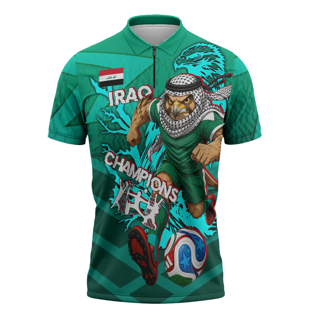 Personalized Iraq Football Champions Zipper Polo Shirt Fierce Eagle Mascot In Keffiyeh