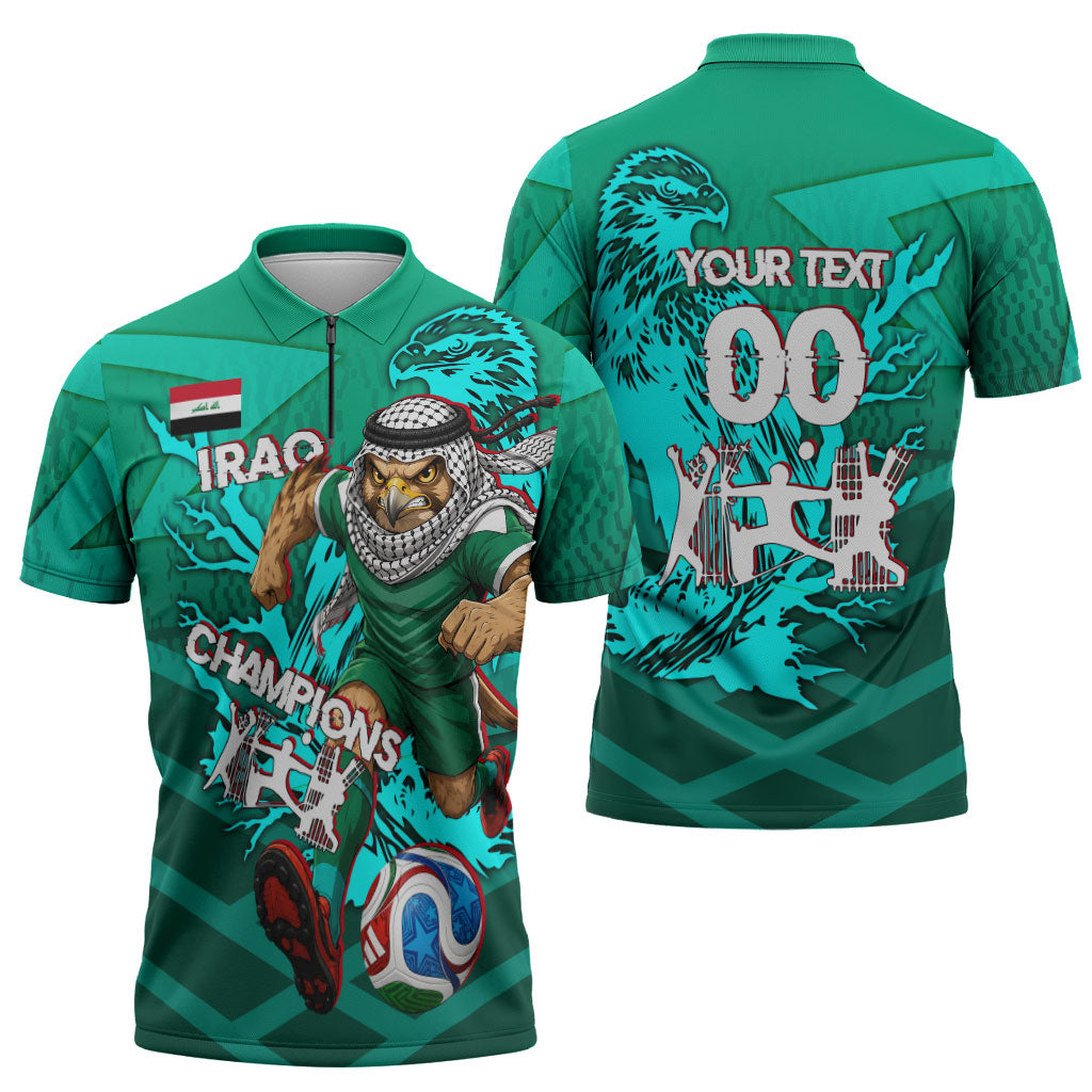 Personalized Iraq Football Champions Zipper Polo Shirt Fierce Eagle Mascot In Keffiyeh