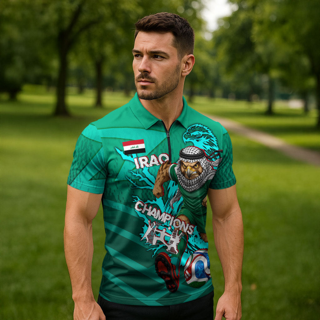 Personalized Iraq Football Champions Zipper Polo Shirt Fierce Eagle Mascot In Keffiyeh