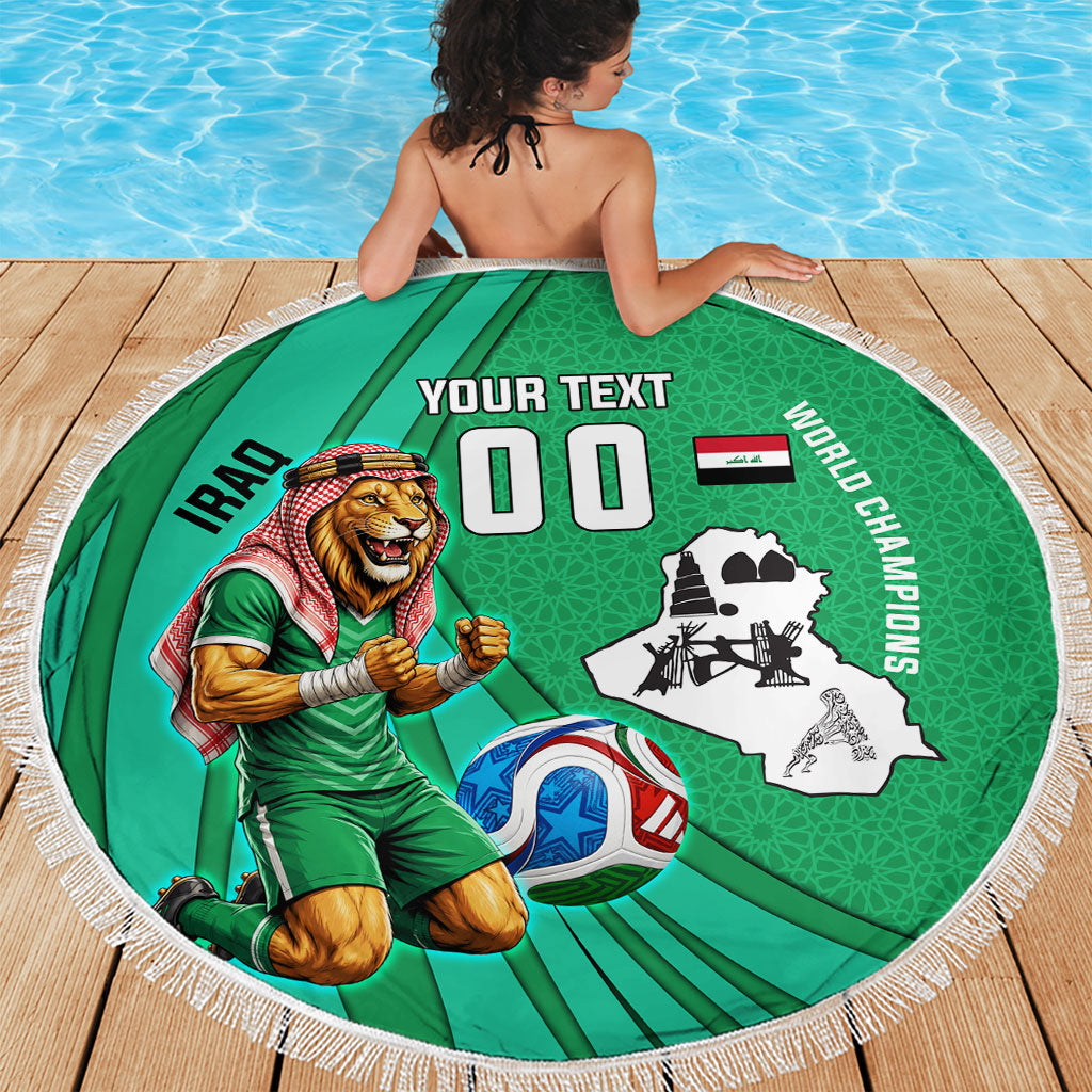 Personalized Iraq World Champions Lion Beach Blanket Funny Lion Mascot Traditional Keffiyeh